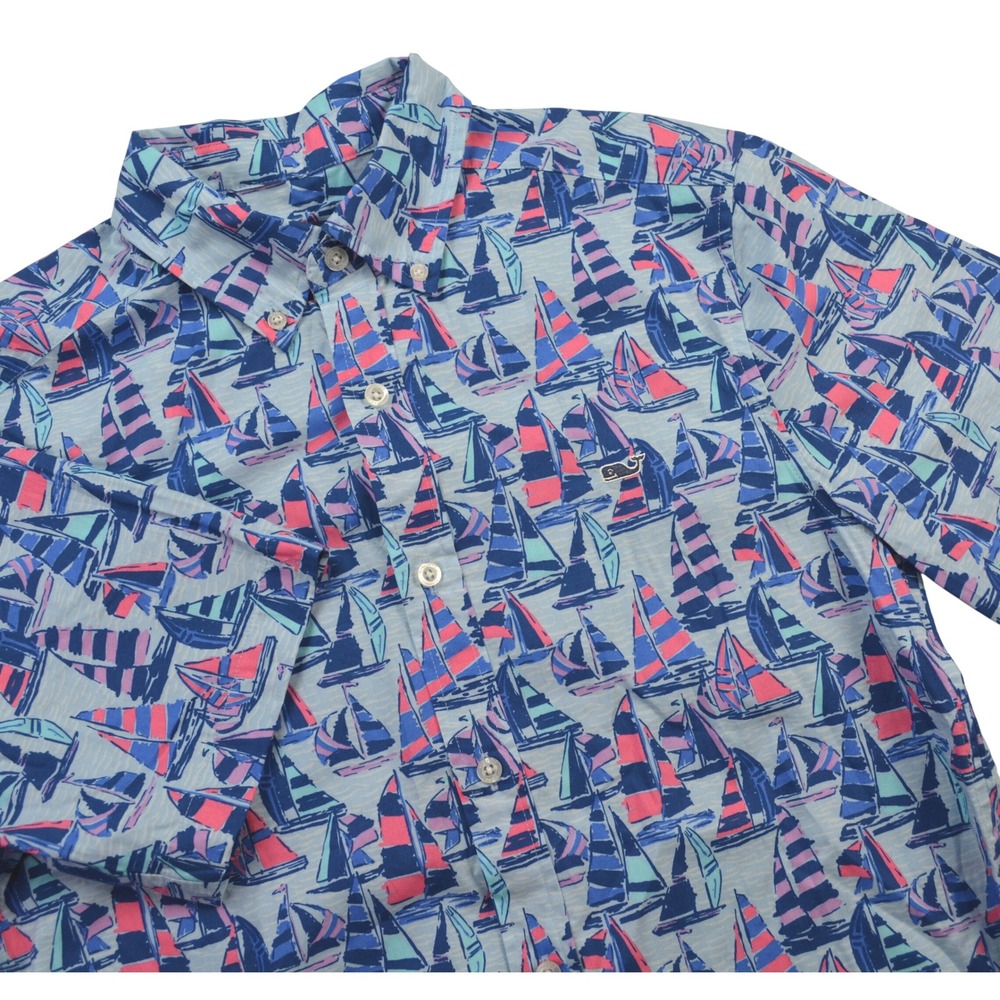 Vineyard Vines Mens Sailboat Print Classic Fit Short Sleeve Button‎ Down Shirt S